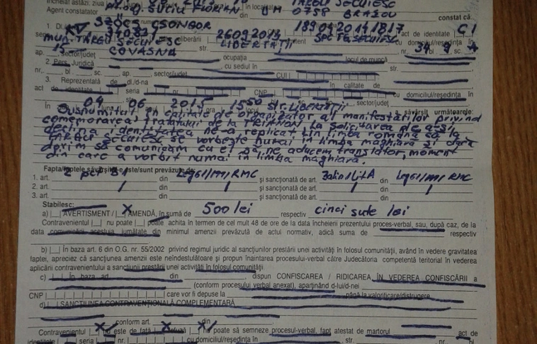 Megbírságolták a kézdivásárhelyi trianoni megemlékezés egyik szervezőjét