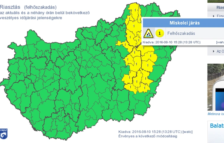 Felhőszakadásra figyelmeztet a meteorológiai szolgálat