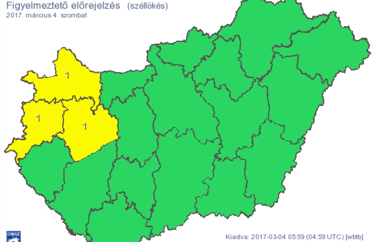 Elsőfokú riasztás van érvényben erős szél miatt