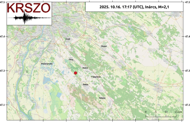 Magyarországi helyi idő szerint 19:17-kor 2,1-es magnitúdójú földrengés keletkezett a Pest vármegyei Inárcs közelében. A földrengést az epicentrum közelében érezhette a lakosság, eddig Inárcs településről érkezett bejentés.