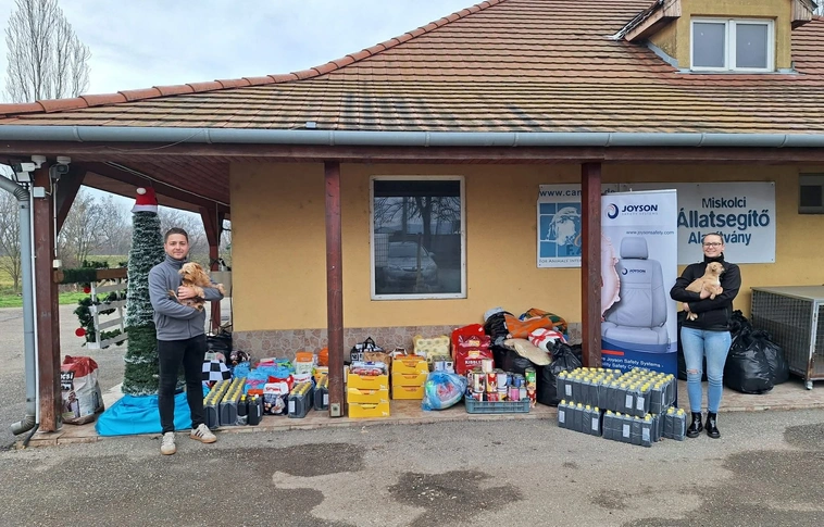 Sántha Szabolcs, a Joyson konyhájának üzletvezetője, az Ebédfutár Kft. alkalmazottja és Szabó-Fürjes Eszter, a Joyson humánerőforrás specialistája a Miskolci Állatsegítő Alapítvány telephelyén. Fotó: magánarchívum 