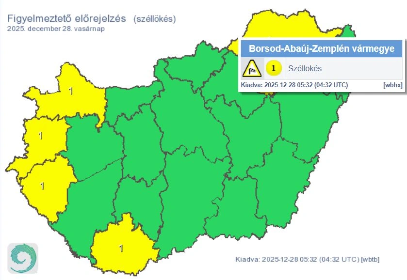 A várt legerősebb széllökések meghaladhatják a 70 km/h-t.