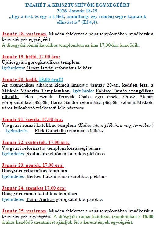 Ökumenikus imahét programja. Forrás: Diósgyőri katolikus templom Facebook