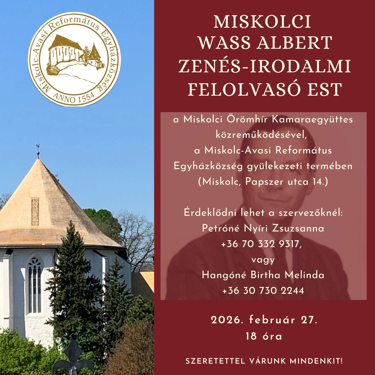 Wass Albert felolvasó est, plakát. Forrás: Miskolc-Avasi Református Egyházközség Facebook