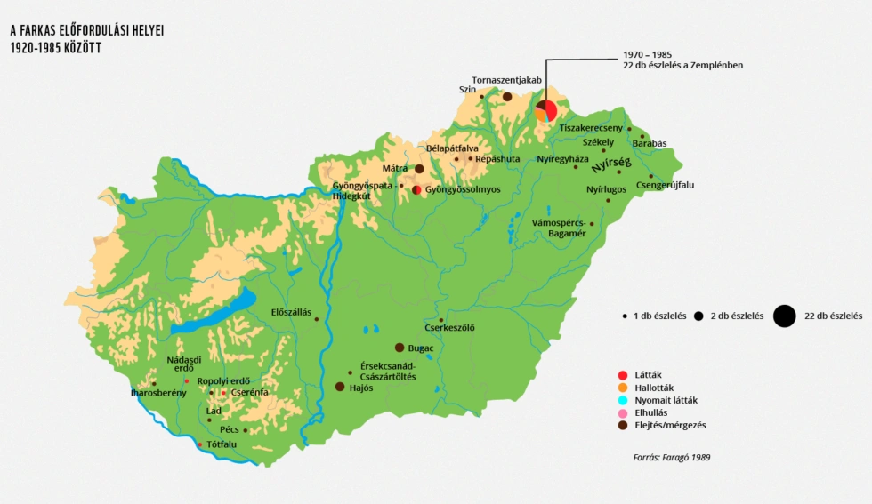 A farkas előfordulásai Magyarországon 1920 és 1985 között. Forrás: WWF Magyarország