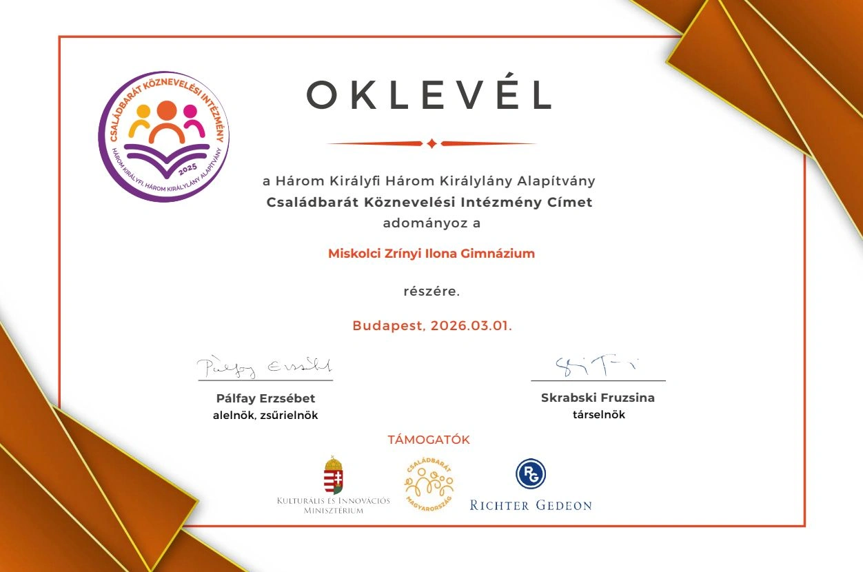 Családbarát elismerést kapott a miskolci Zrínyi gimnázium